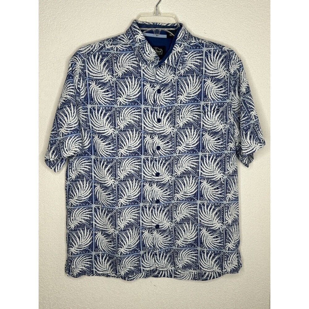 Nat Nast Shirt Mens Medium Silk Cotton Blend Blue Palm Leaf Button Up Camp Shirt - Picture 2 of 14